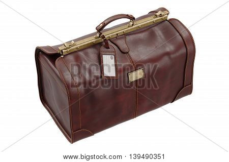 Travel brown leather gripsack on lock, bag. 3D graphic