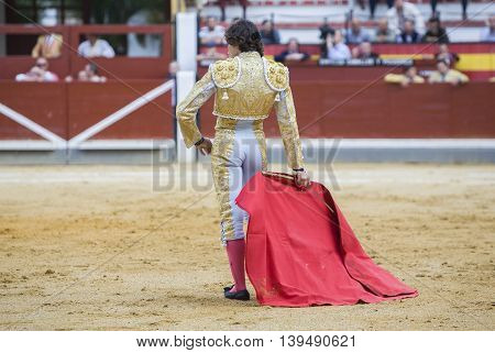 Jaen SPAIN - October 17 2008: The Spanish Bullfighter Curro Diaz bullfighting with the crutch in the Bullring of Jaen Spain