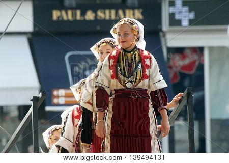 ZAGREB, CROATIA - JULY 22: Members of folk group Etnos from Skopje, Macedonia during the 50th International Folklore Festival in center of Zagreb, Croatia on July 22, 2016