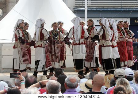ZAGREB, CROATIA - JULY 22: Members of folk group Etnos from Skopje, Macedonia during the 50th International Folklore Festival in center of Zagreb, Croatia on July 22, 2016