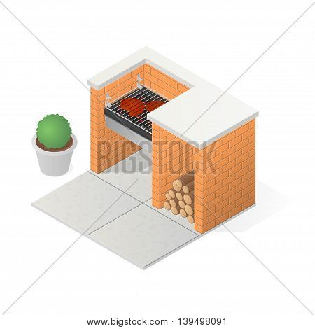 Brick BBQ grill. Grilling meat steak. Isometric vector illustration