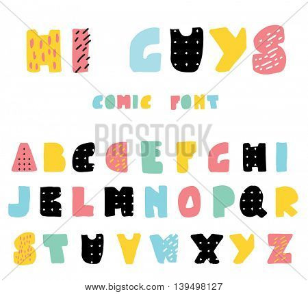 Funny and cute cartoon style alphabet in blak, pink, blue and mint green colors. Can be used for modern greeting cards, posters, web and print, tshirts and canvas tote design