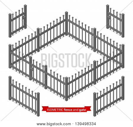 Isometric metal fence and gate constructor. Metallic lattice isolated on white. Vector illustration