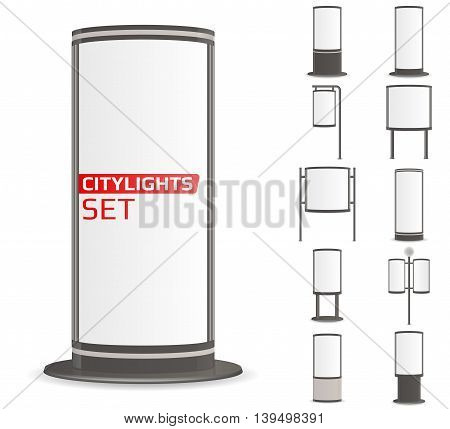 Advertise citylights set. 11 lightboxes mock up for your ad. Vector illustration