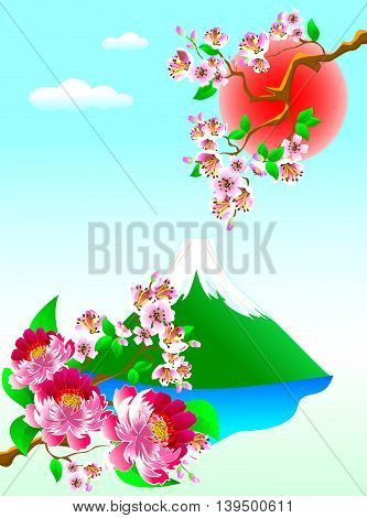 Mount Fuji flowers and blooming sakura.Landshaft with cherry blossoms and Mount Fuji.