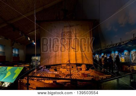 OSLO, NORWAY - JULY 1, 2016: It's copy of the raft Ton-Tiki on which Thor Heyerdahl made a transpacific crossing.