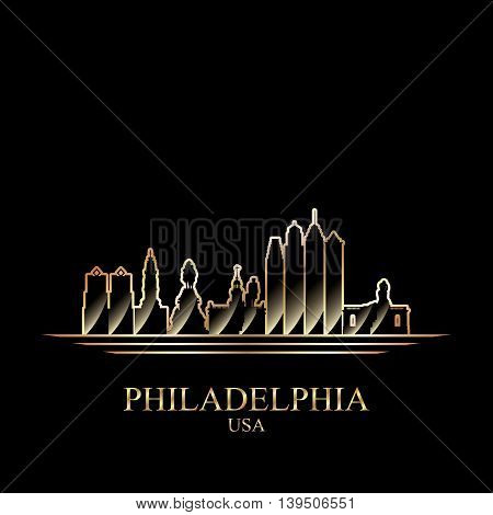 Gold silhouette of Philadelphia on black background vector illustration