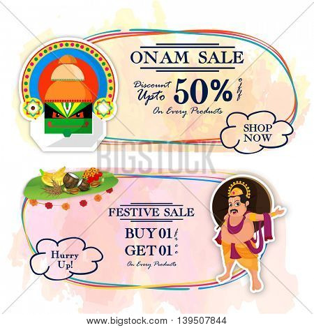 Onam Sale with Discount upto 50%, Creative Poster, Banner or Flyer design for South Indian Festival celebration.