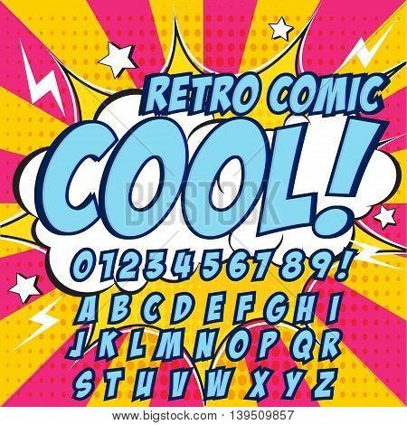Creative high detail comic font. Blue color hero style of comics, pop art. Letters and figures for decoration of kids