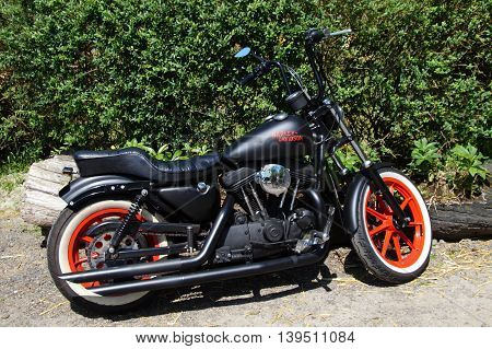Zeewolde, Netherlands - July 17, 2016: Harley Davidson motorcycle parked on the side of the road in the city of Zeewolde.