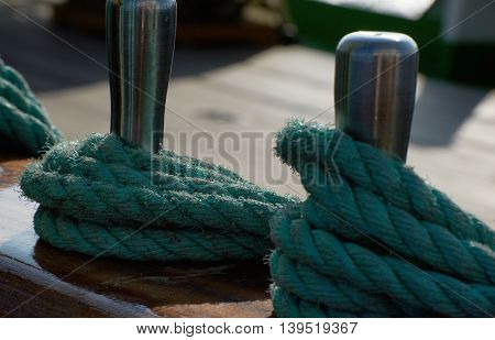 Rigging of a sailing ship, green rope