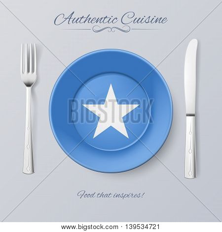 Authentic Cuisine of Somalia. Plate with Somalian Flag and Cutlery