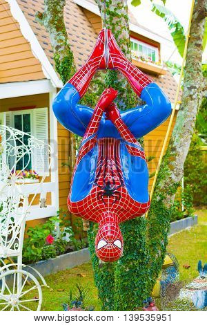 NAKORN-NAYOK THAILAND - JULY 19 2016. Spiderman model at To-Mang-Oh Resort.