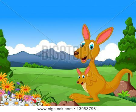 Cartoon kangaroo carrying a cute Joey with landscape background