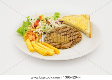 beef steak with french fries isolated on white background