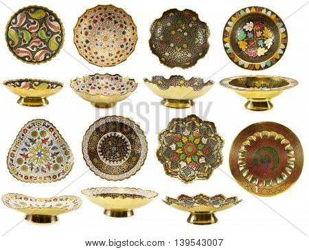 Big set with traditional Indian plates isolated on white