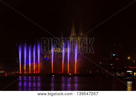 Firework in fron of the cathedral Cologne Germany