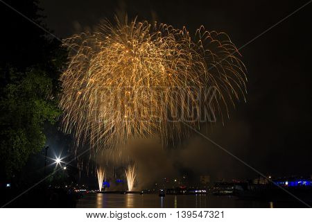 Firework over the rhine river Cologne Germany