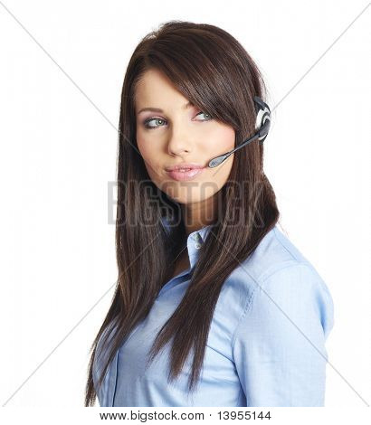 Operator wsparcia w zestawie słuchawkowym. Stuido strzał na białym tle