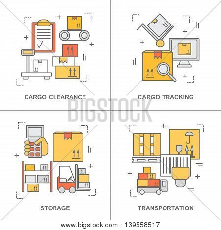 Thin line flat design banners for warehouse stock and industrial storage. Modern vector illustration concept isolated on white.