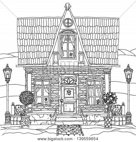 Black and white illustration of a house with details for adult coloring book or for zen art therapy anti stress drawing. Hand-drawn, vector, very detailed, for coloring book, poster design, uncolored