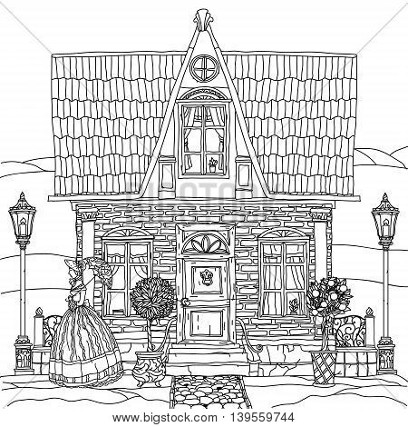 Contoured Black and white victorian house with a strolling woman in crinoline with vintage umbrella. for adult coloring book or for zen art therapy drawing. Hand-drawn, vector, for coloring, posters