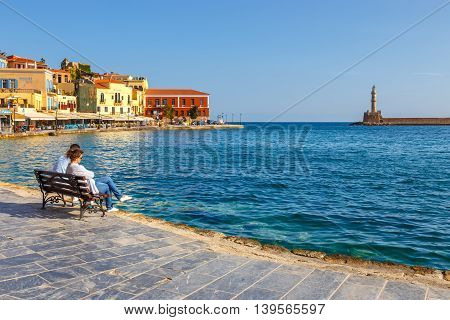 Chania, Crete - 25 Maj, 2016: Morning View Of The Old Port In Chania, Greece. Chania Is The Second L