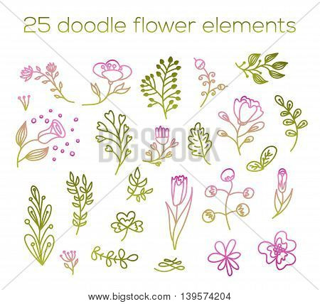 Doodle flower elements 25. Cute floral pink and green illustrations