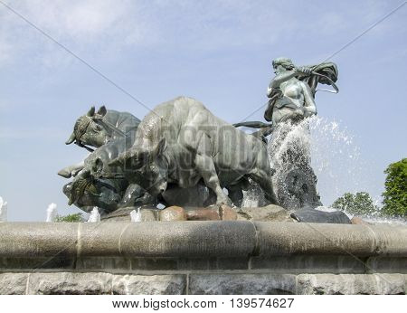 detail of the Gefion Fountain in Copenhagen the capital city of Denmark