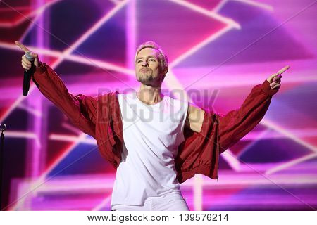 VITEBSK, BELARUS - JULY 17: Latvian pop singer Markus Riva performs during the 25th Slavyansky Bazar Festival on July 17, 2016 in Vitebsk, Belarus