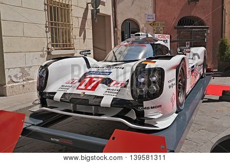 BRISIGHELLA, RA, ITALY  - JULY 17: the racing car Porsche 919 Hybrid winner of the World Championship 2015 Le Mans Prototype 1-Hybrid category exposed during the meeting 