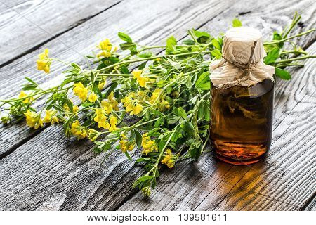 Medicinal plant Common Birds-foot Trefoil (Lotus corniculatus) and pharmaceutical bottle on a dark wooden table. Used in herbal medicine before flowering (flowering plant poisonous) honey plant. Selective focus