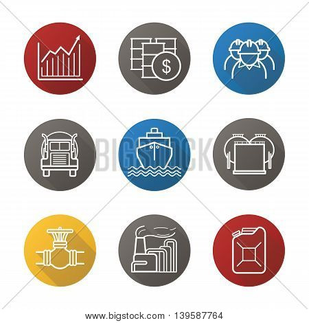 Oil industry flat linear long shadow icons set. Petrol sale. Oil barrels, industry workers, jerrycan, pipeline valve, cargo ship, storage, growth chart, jerrycan. Vector line symbols