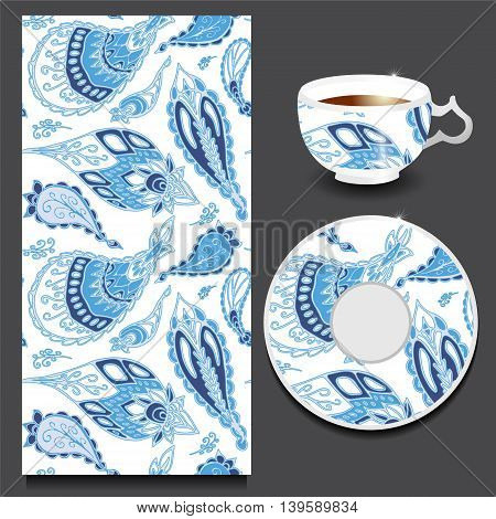 stock vector cup of coffee and seamless floral oriental ornament. hand draw