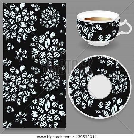 stock vector cup of coffee and seamless floral oriental ornament. hand draw