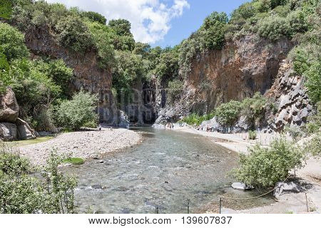 Alcantara gorge with river and ravine at the island Sicily Italy