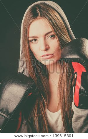 Exercising prepare for fight. Sportsmanship and strong body. Young woman wear sportswear boxing with opponent. Sport and fitness healthy lifestyle.