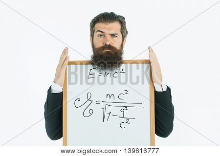Bearded Man With Einstein Formula And Newtons Law