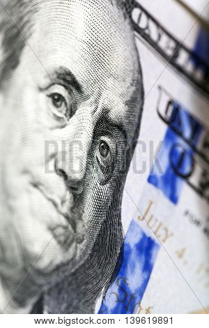 photographed close-up of American paper money worth one hundred dollars, the new American bil
