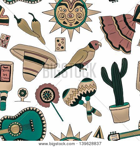 Seamless pattern with hand drawn mexican elements. Perfect background for your design. Travel to Mexico texture.