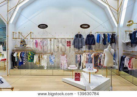MACAO, CHINA - FEBRUARY 16, 2016: inside of Shoppes at Sands Cotai Centra. Shoppes at Sands Cotai Central is a large shopping mall in Macao