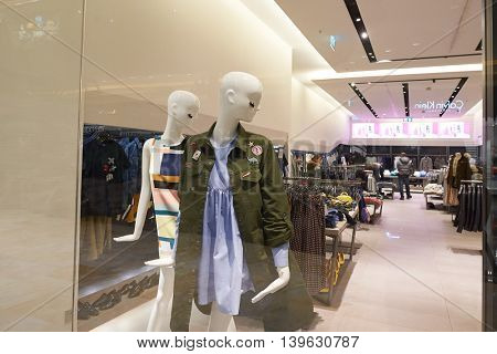 MACAO, CHINA - FEBRUARY 16, 2016: inside of Shoppes at Sands Cotai Centra. Shoppes at Sands Cotai Central is a large shopping mall in Macao