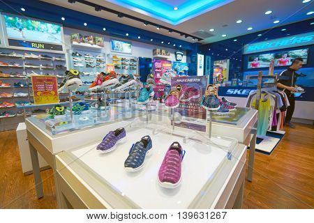 MACAO, CHINA - FEBRUARY 16, 2016: inside of Shoppes at Sands Cotai Centra. Shoppes at Sands Cotai Central is a large shopping mall in Macao
