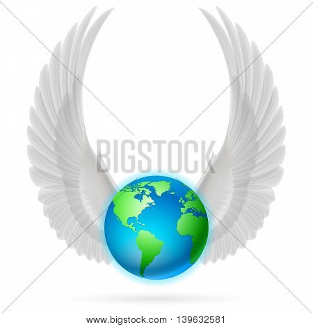 Terrestrial globe with two white wings up on white background.