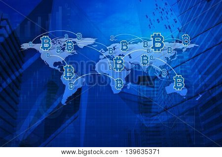 Bit coin icon with connection line over map and city background Elements of this image furnished by NASA