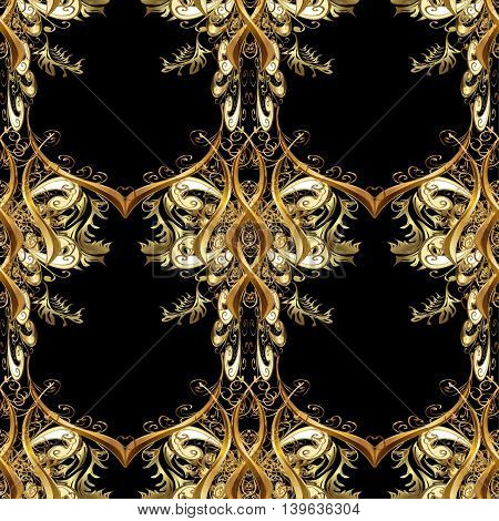 Vintage pattern on black background with golden elements.