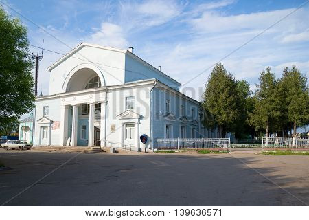 STARAYA RUSSA, RUSSIA - JUNE 02, 2016: View of the building of the railway station in Staraya Russa. The main landmark of the city Staraya Russa, Novgorod region, Russia