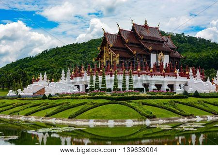 Chiang Mai, Thailand - July 22, 2016: Traditional pavilion and beautiful flower gardens at the Thai Royal Park Rajapruek.