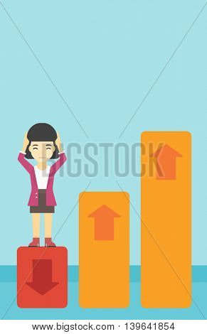 An asian business woman clutching her head. Bankrupt standing on chart going down. Concept of business bankruptcy. Vector flat design illustration. Vertical layout.