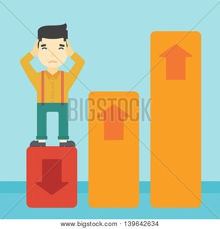 An asian bankrupt clutching his head. Businessman standing on chart going down. Concept of business bankruptcy. Vector flat design illustration. Square layout.